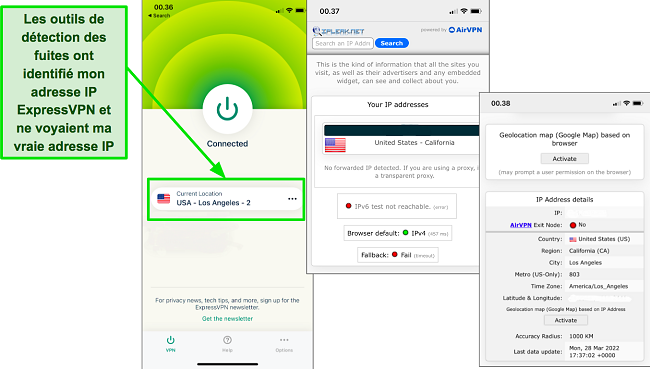Une capture d'écran du test ExpressVPN pour les fuites