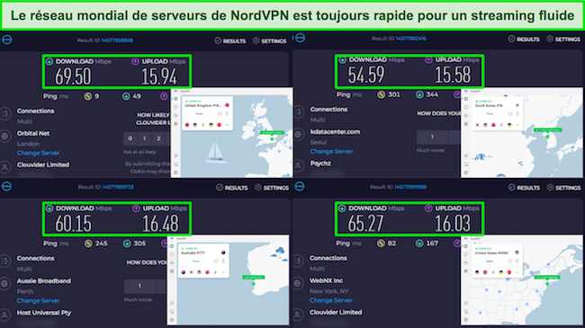 Captures d'écran des résultats des tests de vitesse Ookla avec NordVPN connecté à des serveurs au Royaume-Uni, en Corée du Sud, en Australie et aux États-Unis.