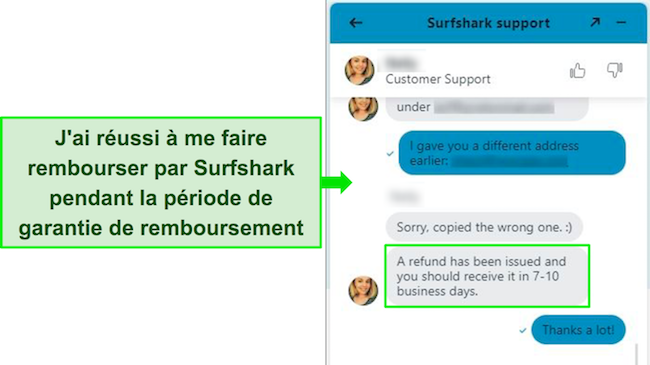Capture d'écran du chat en direct de Surfshark et d'une demande de remboursement