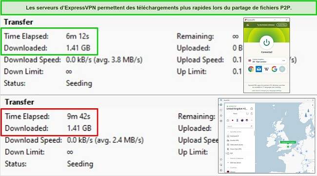 Captures d'écran du client torrent BitTorrent montrant les temps de téléchargement pour 2 torrents, avec ExpressVPN et NordVPN connectés aux serveurs britanniques.