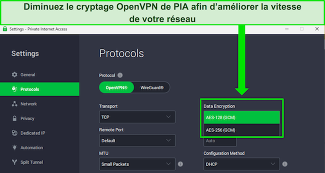 Image de l'application Windows de PIA, montrant les fonctionnalités personnalisables qui peuvent augmenter la vitesse du réseau