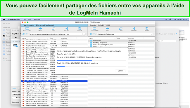 Capture d'écran de LogMeIn Hamachi utilisé pour partager des fichiers entre mes appareils Mac et Windows