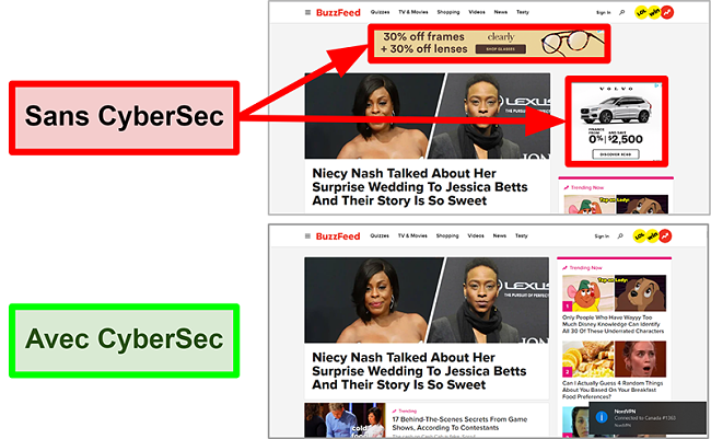 Screenshot of BuzzFeed homepage with NordVPN's CyberSec feature enabled and disabled