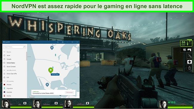 Screenshot of NordVPN connected to a US server while playing Left 4 Dead 2