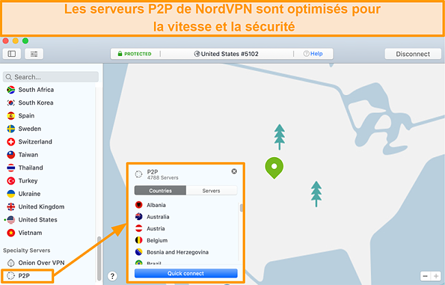Capture d'écran des serveurs P2P de NordVPN sur l'application Mac