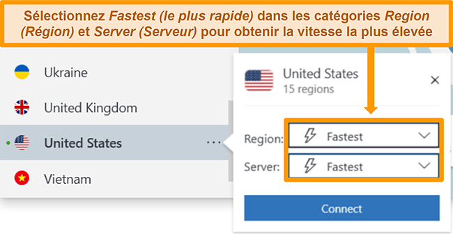 Screenshot of NordVPN's server options for USA showing fastest region and server