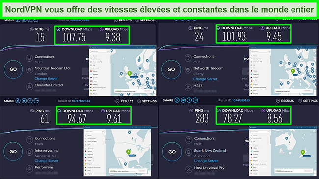 Screenshots of speed tests with NordVPN connected to different global servers