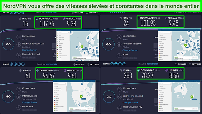 Captures d'écran de tests de vitesse avec NordVPN connecté à différents serveurs mondiaux