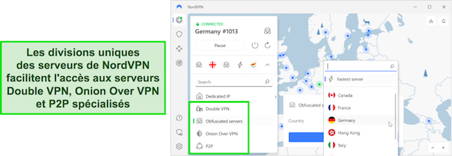 Aperçu de la zone de sélection des serveurs spécialisés de NordVPN.