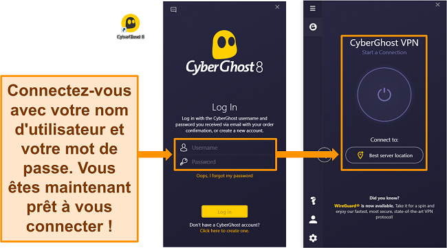 Capture d'écran de l'application Windows de CyberGhost avec la section nom d'utilisateur et mot de passe en surbrillance.