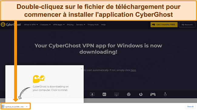 Capture d'écran du téléchargement de l'application CyberGhost sur un appareil Windows.