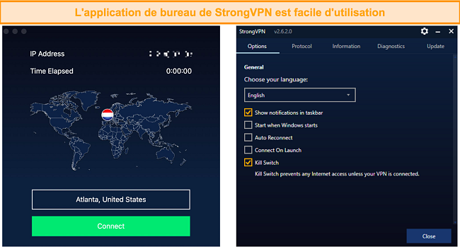 Une capture d'écran de l'interface de bureau de StrongVPN