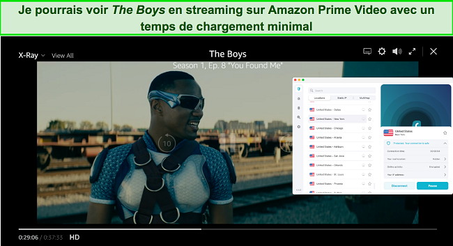 Capture d'écran de The Boys jouant sur Amazon Prime avec Surfshark connecté à un serveur américain