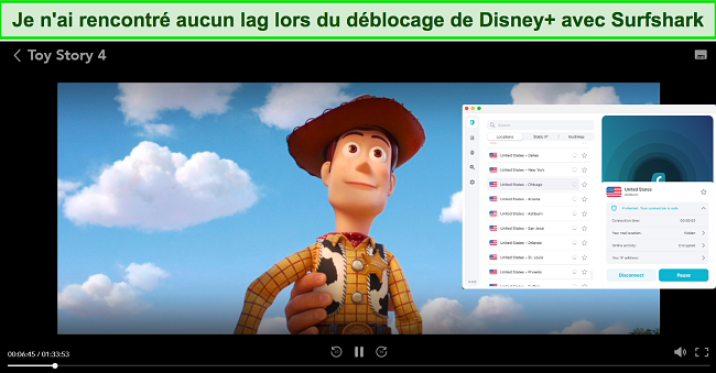 Capture d'écran de Toy Story 4 en streaming sur Disney+ avec Surfshark connecté à un serveur américain