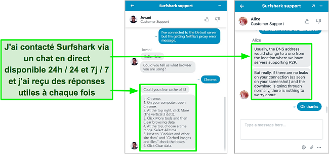 Capture d'écran de la fonctionnalité de chat en direct 24h/24 et 7j/7 de Surfshark avec des conseils de dépannage sur Netflix US et le torrent