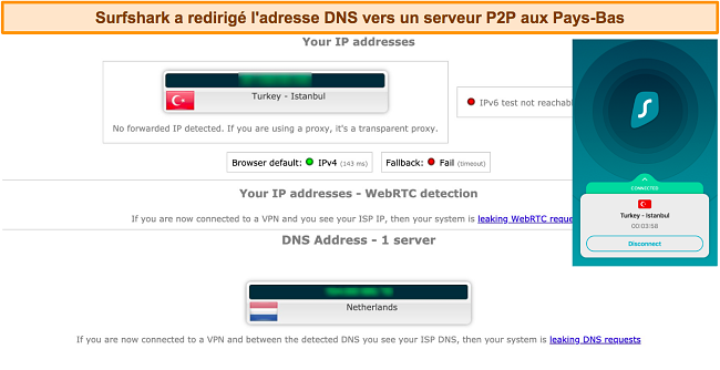 Capture d'écran des résultats du test de fuite avec Surfshark connecté à un serveur américain