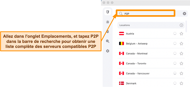 Capture d'écran des serveurs P2P de Surfshark sur l'application Mac