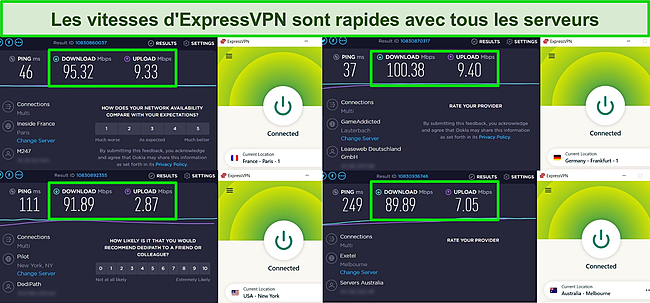 Capture d'écran d'ExpressVPN connecté à plusieurs serveurs et des résultats des tests de vitesse exécutés sur ces serveurs.