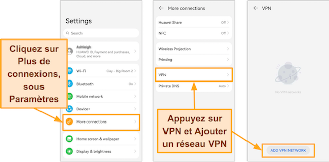 Capture d'écran des paramètres Android montrant comment ajouter manuellement un profil VPN
