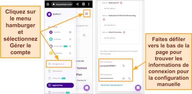 Capture d'écran du menu PureVPN et des informations de connexion dans le navigateur Google Chrome sur Android