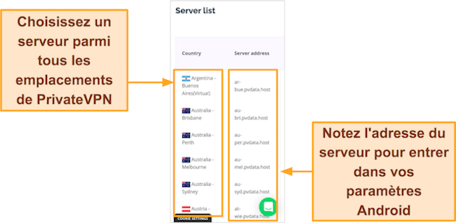 Capture d'écran de la liste des serveurs PrivateVPN dans le navigateur Google Chrome sur Android