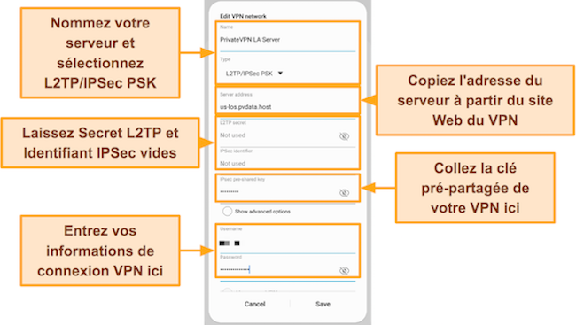 Capture d'écran des détails de la configuration manuelle de PureVPN dans les paramètres de connexion du profil VPN intégré d'Android