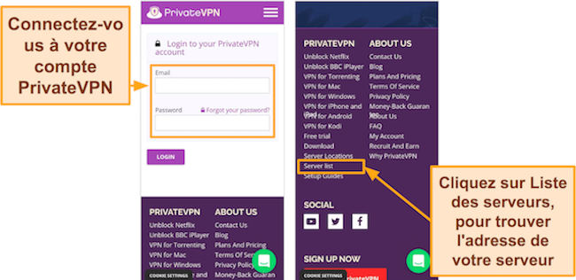 Capture d'écran de l'écran de connexion PrivateVPN et de la liste des serveurs dans le navigateur Google Chrome sur Android