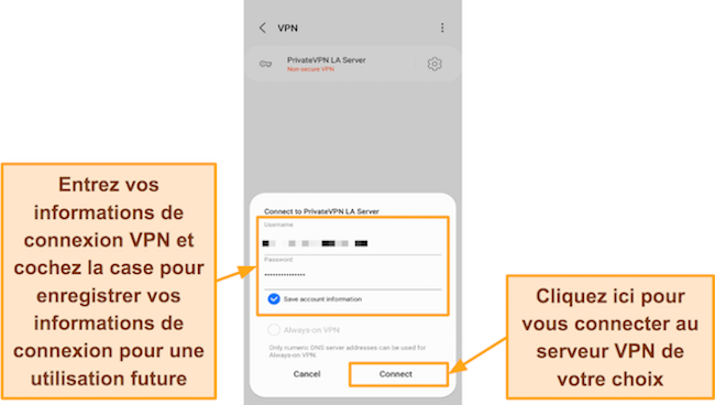 Capture d'écran du nom d'utilisateur et du mot de passe PrivateVPN dans les paramètres de connexion du profil VPN intégré d'Android