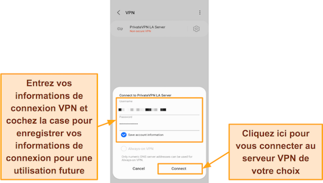 Capture d'écran du nom d'utilisateur et du mot de passe StrongVPN dans les paramètres de connexion du profil VPN intégré d'Android