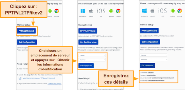 Capture d'écran des identifiants de configuration manuelle StrongVPN dans le navigateur Google Chrome sur Android