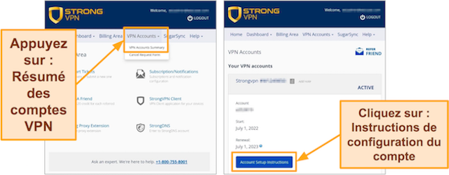 Capture d'écran des détails du compte StrongVPN et du bouton d'instructions de configuration dans le navigateur Google Chrome sur Android