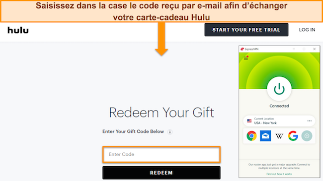 Capture d'écran de la page d'échange de cartes-cadeaux de Hulu sur le site Web, avec ExpressVPN connecté à un serveur américain-New York