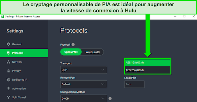 capture d'écran de l'application Windows de PIA, mettant en évidence l'option de cryptage personnalisable