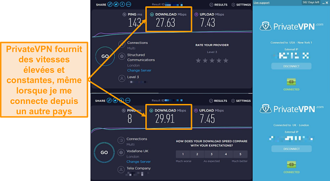 Capture d’écran de la comparaison de vitesse PrivateVPN