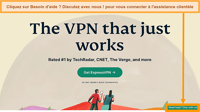 Capture d'écran de la page d'accueil ExpressVPN montrant le bouton Chat en direct 24h/24 et 7j/7 sur le bureau.