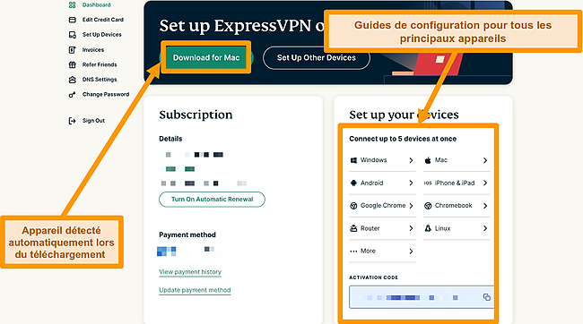Capture d'écran des guides de configuration du bouton et de l'appareil ExpressVPN Download for Mac.