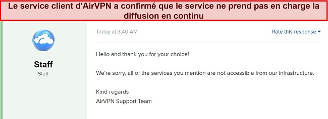 Capture d'écran confirmant que Netflix, Hulu, Hulu Plus, HBO Max et Amazon Prime Video ne sont pas pris en charge par AirVPN.