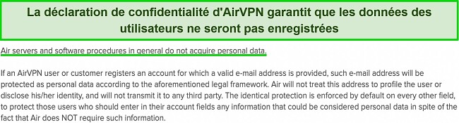 Capture d'écran de la politique de confidentialité d'AirVPN.
