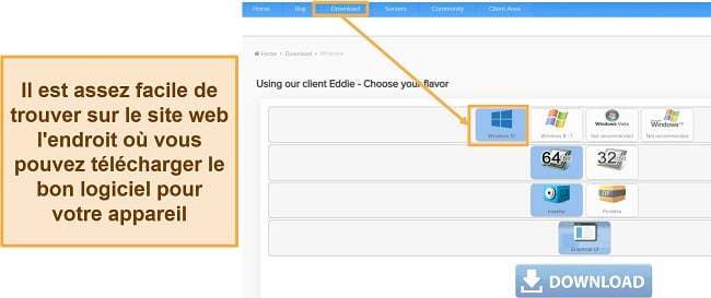 Capture d'écran de la page de téléchargement du fichier de configuration compatible d'AirVPN