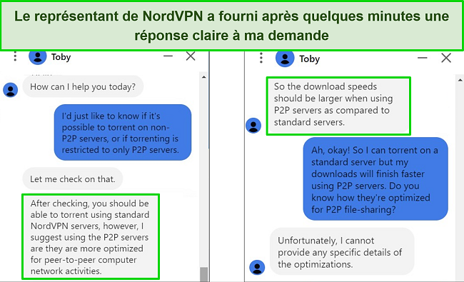 Captures d'écran de l'agent de chat en direct de NordVPN répondant à une question sur le partage de fichiers P2P sur des serveurs standards.