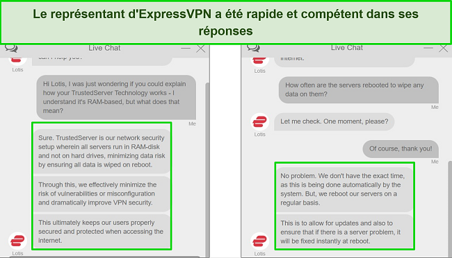 Captures d'écran du chat en direct d'ExpressVPN, montrant des réponses détaillées aux questions de nature technique sur la technologie TrustedServer