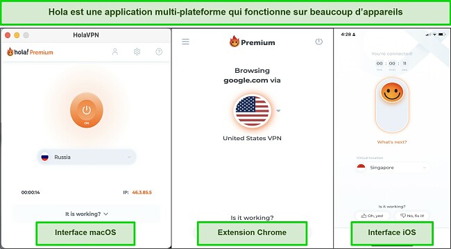 Capture d'écran de l'interface Hola VPN sur les appareils compatibles