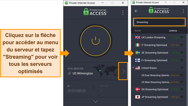 Capture d'écran des serveurs de streaming de PIA trouvés en tapant « streaming » dans la barre de recherche