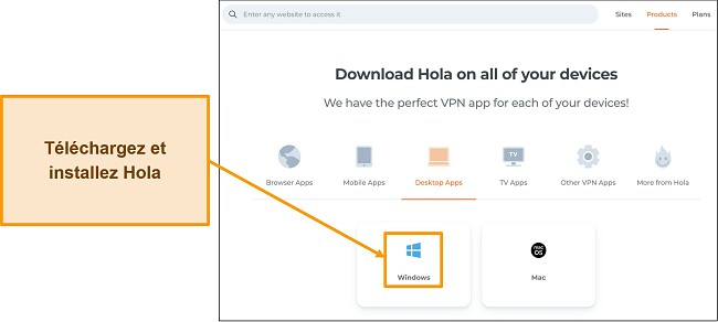 Capture d'écran de la section de téléchargement d'applications du site Hola VPN
