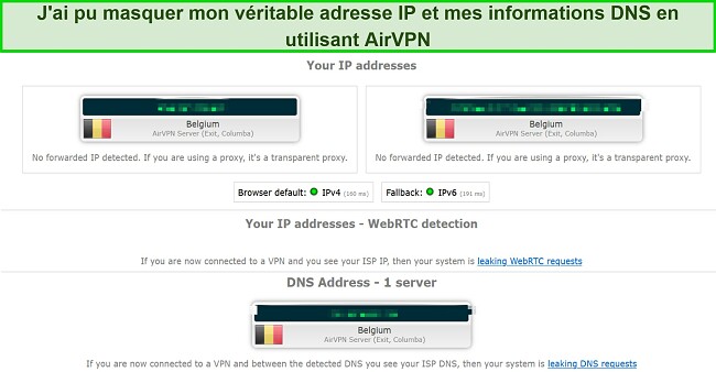 Capture d'écran des résultats des tests de fuite lors de l'utilisation d'AirVPN.