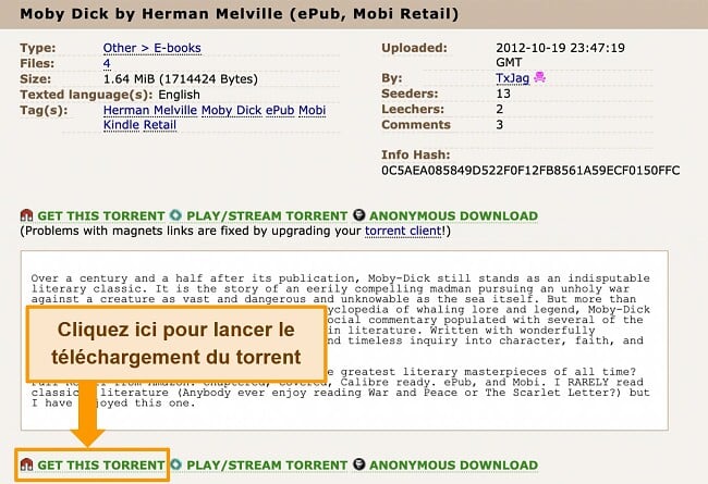 Capture d'écran de la page de téléchargement de torrent sur The Pirate Bay