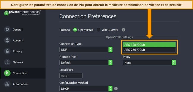 Capture d'écran de l'application Windows de PIA avec les préférences de connexion ouvertes et les paramètres de cryptage mis en évidence