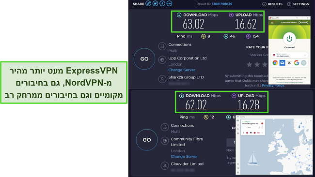 צילומי מסך של ExpressVPN ו-NordVPN מחוברים לשרתים בבריטניה, כאשר תוצאות בדיקות המהירות של Ookla מראות שה-ExpressVPN מעט מהיר יותר.