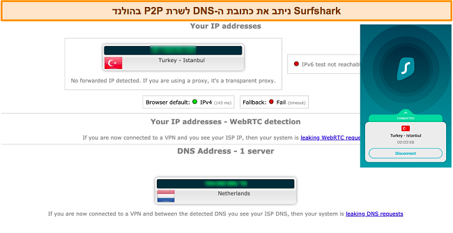 צילום מסך של תוצאות בדיקת הדליפה כאשר Surfshark מחובר לשרת אמריקאי