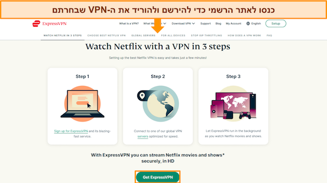 תמונה של אתר האינטרנט של ExpressVPN, המראה כיצד לצפות בנטפליקס עם VPN